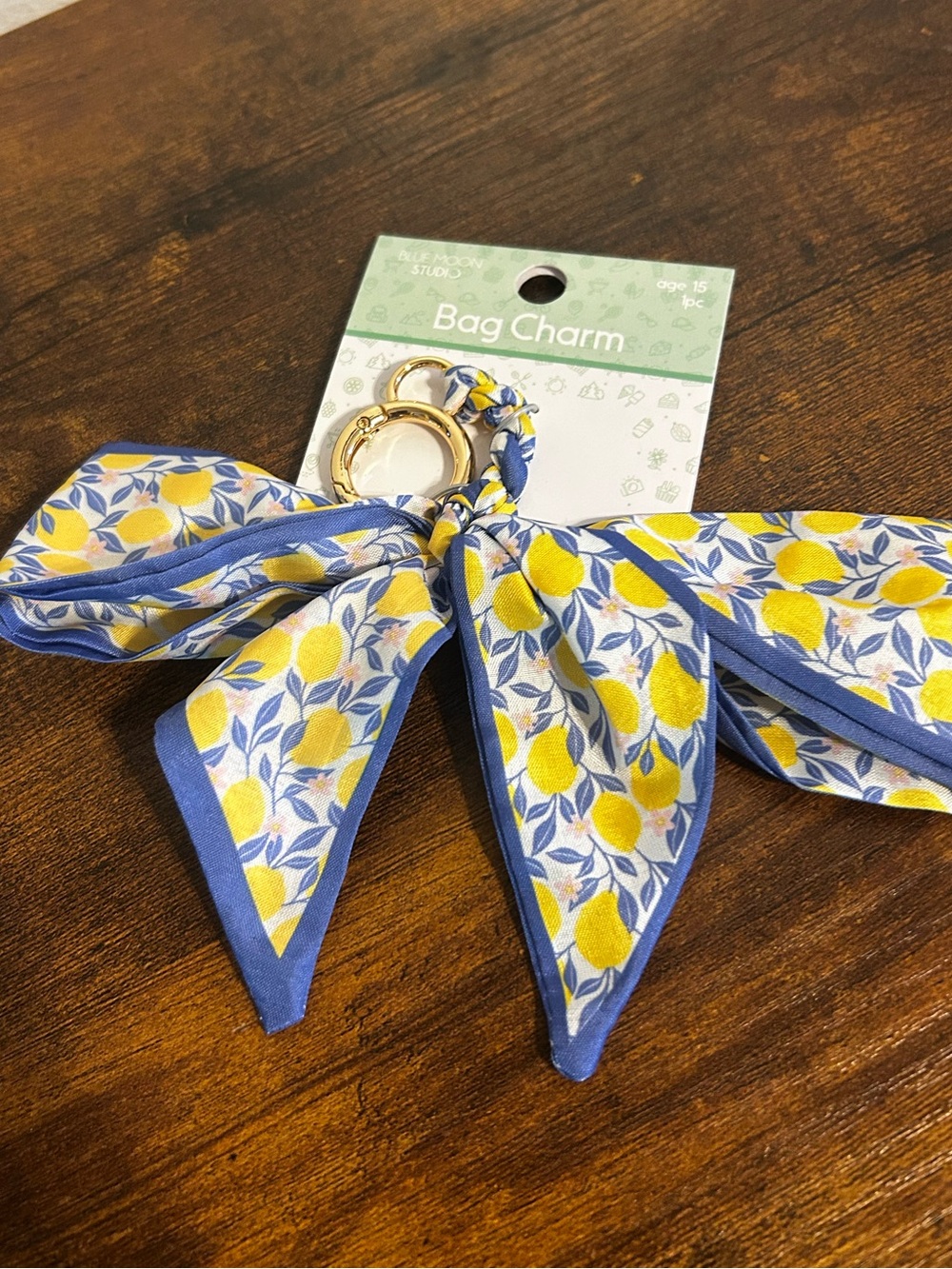 Lemon Print Bow Bag Charm Keychain with Blue Trim